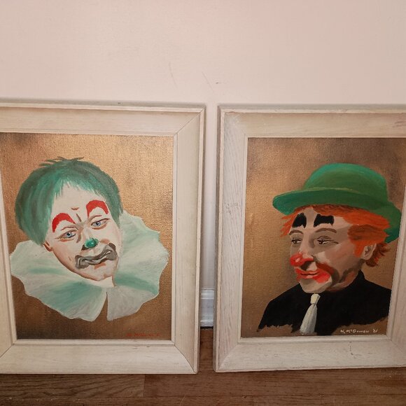 Vintage Clown Paintings Pair 1960s Midcentury CREEPY Signed W. McGowen - Picture 1 of 6